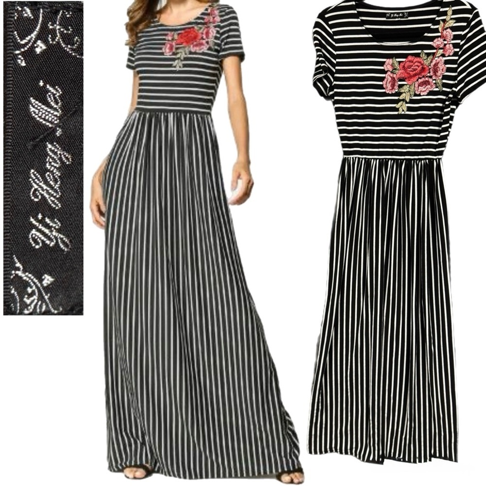 Yi Heng Mei Embroidered Floral Maxi Dress Black/White Stripe Small Like New